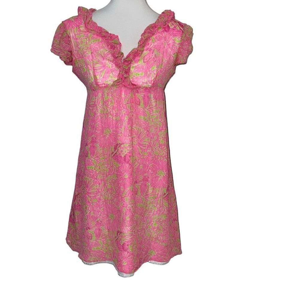 Lilly Pulitzer Silk Pink Green Floral Flutter Sleeve A-Line Dress V-Neck sz 00